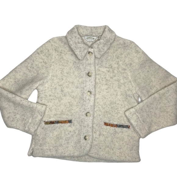 Orvis Women's Ivory Sherpa Button Front Jacket With Brocade Details Sz Sm - Picture 1 of 10